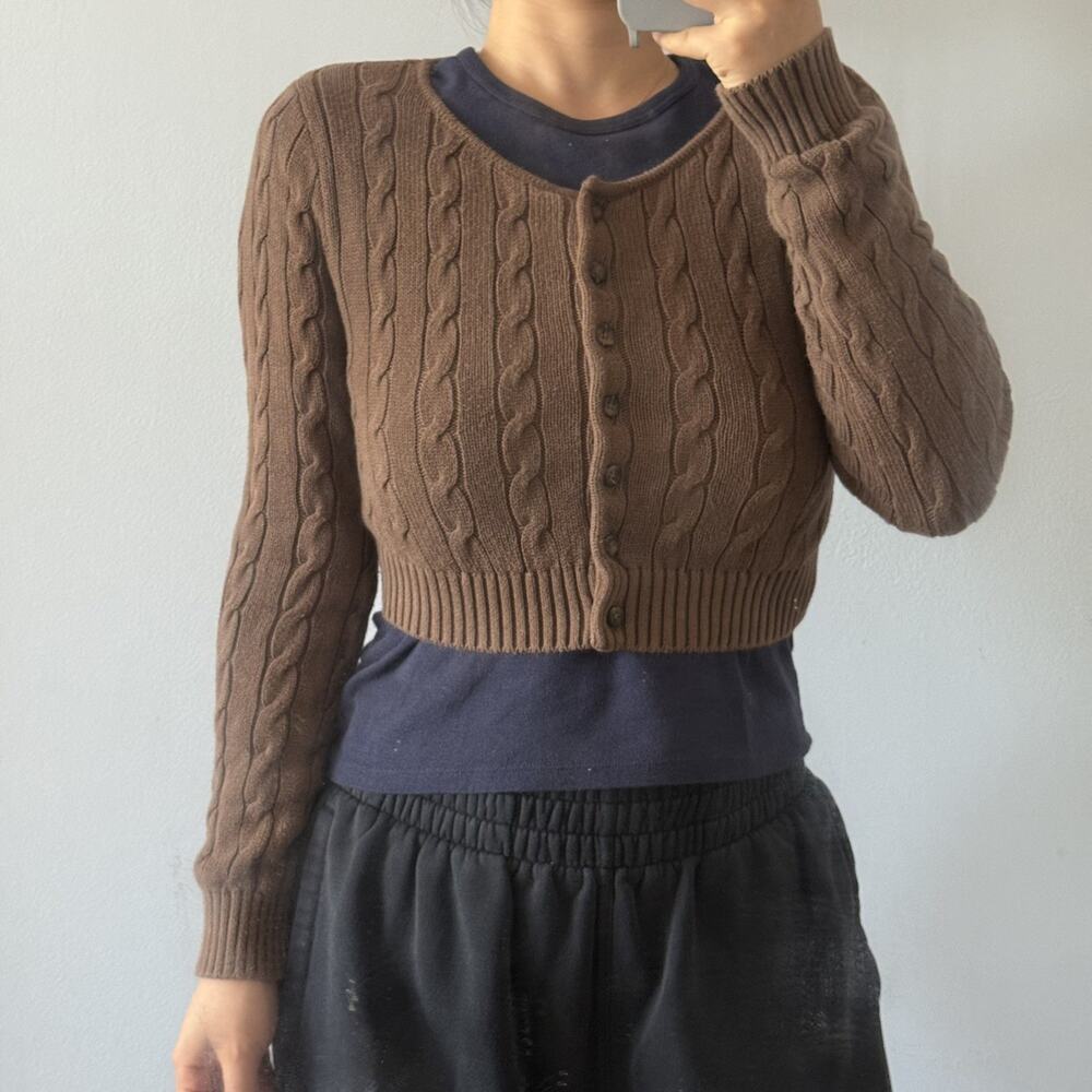 Brandy Melville Cardigan One Size Brown Cable Knit Cropped Top Dark Academia